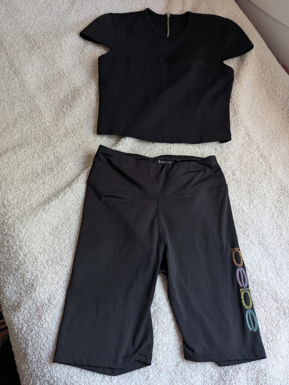 bebe Black Capri Bike Shorts with Multicolor Logo And Athletic Top